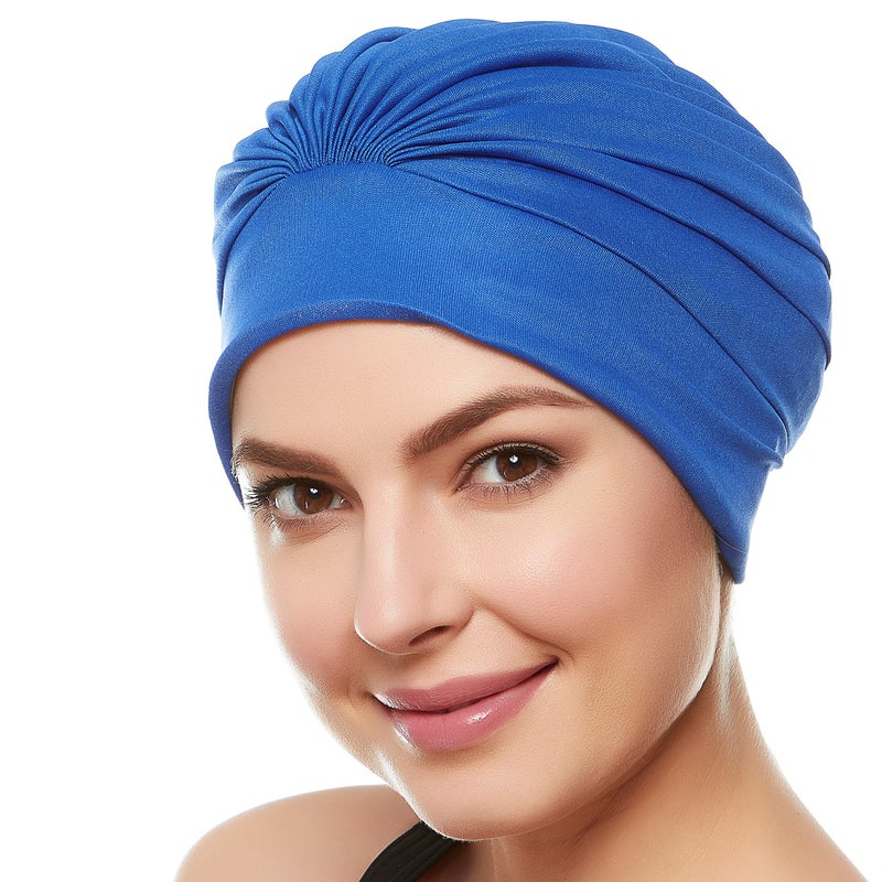 Beemo Swim Caps for Women Swimming Turban Polyester Latex Lined Pleated for Ladies - Royal Blue - Image 1